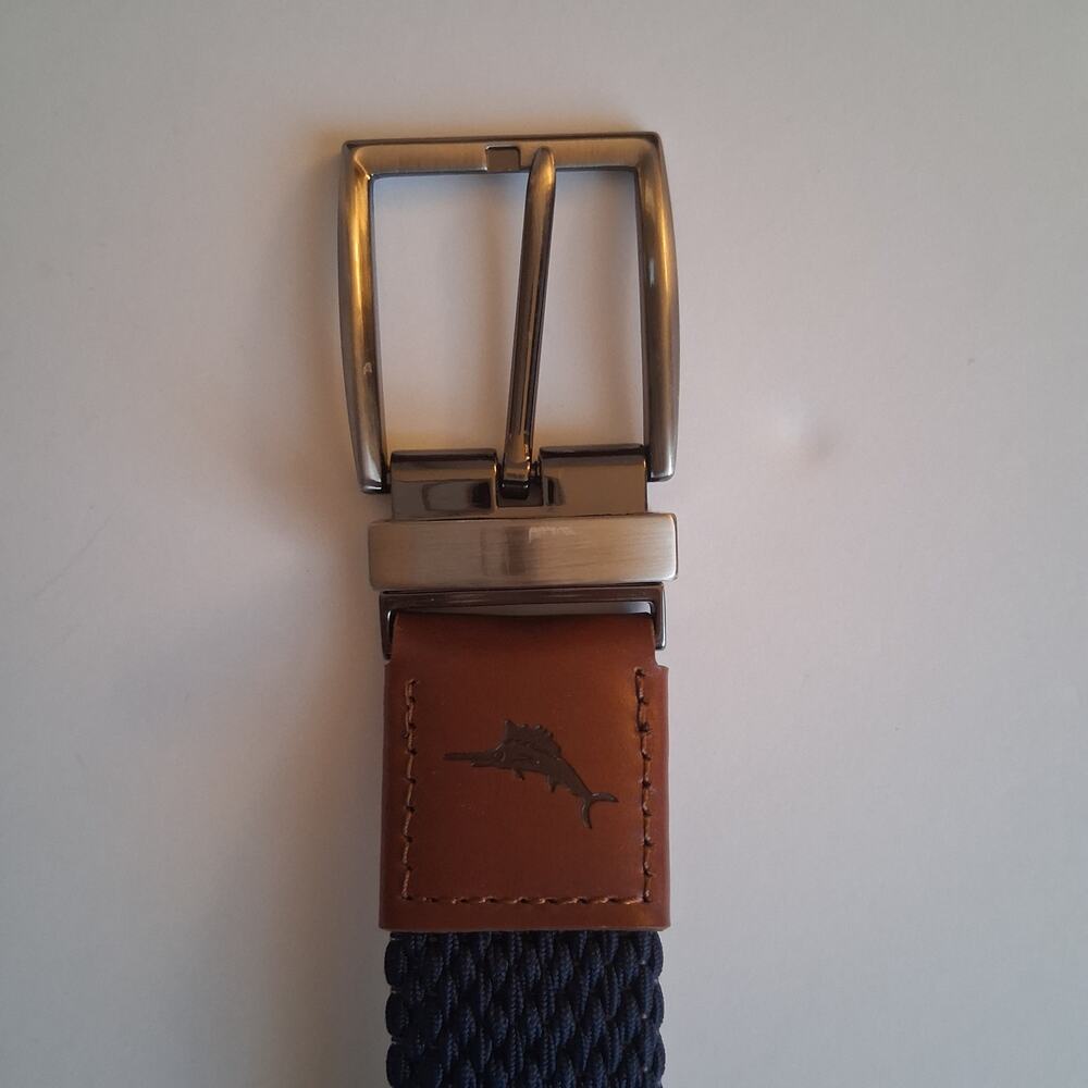 Tommy Bahama Men's Reversible Braided Stretch Navy and Tan Belt Woven Strap-S/M